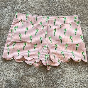 Crown & Ivy, pink striped shorts, scalloped hem with parrots. NWOT